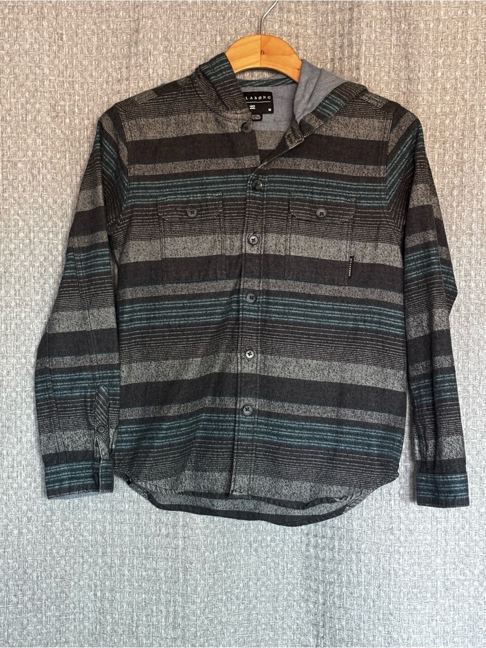 Youth Billabong Striped Button-Down Hooded Shirt - Gray, Black, Teal